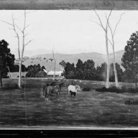 Photograph of artwork depicting a farmhouse and grazing animals.
