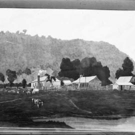 Photograph of artwork depicting a farmhouse with outbuildings.