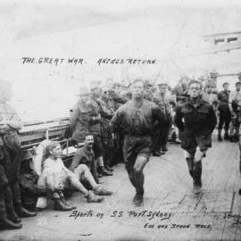 Soldiers participating in an egg and spoon race on the deck of S.S Port Sydney.