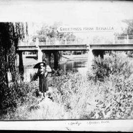 A greeting card showing the concrete road bridge over the Broken River at Benalla.
