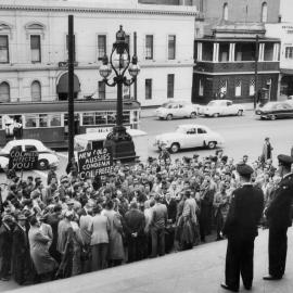 A "Cost of Living Freeze" demonstration at Parliament House, Melbourne in the 1950s.