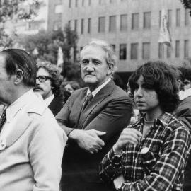 Demonstrators, including Kevin Hardiman and Tom Uren, at an anti-nuclear rally in Melbourne.