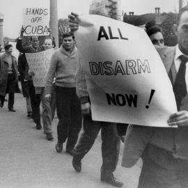 A line of demonstrators outside the United States Consulate in Melbourne.