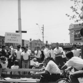 A street protest in Albert Park against the Prime Minister Robert Menzies.