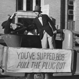 A humorous float participating in a May Day march in Melbourne.