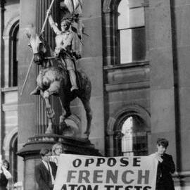 Protesters against French atomic testing outside the State Library in Melbourne.