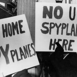 Banners opposing United States spyplanes, at a demonstration outside the U.S. Consulate in  Melbourne.
