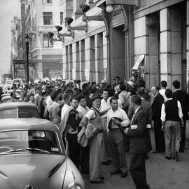 A demonstration outside the offices of the Melbourne Herald newspaper on March 5, 1959 by wharf labourers and seamen.