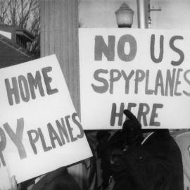 Demonstators at the United States Consulate in Melbourne opposing United States spy plane flights and nuclear bases in Australia.