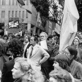 Demonstrators, including Kevin Hardiman and Tom Uren, at an anti-nuclear rally in Melbourne.