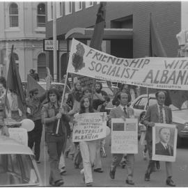 May Day march, 1974 ; banner of friendship with Albania