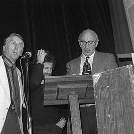 Terry Norris and Sam Goldbloom at a Hiroshima Day rally held at the Collingwood Town Hall.