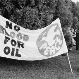 "No blood for oil" banner at Persian Gulf war protest march, 18 January 1991.