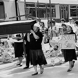 Coffin at El Salvador march to U.S. consulate offices, November 1990.