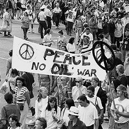 "Peace, no oil war" banner at Persian Gulf war protest march, 18 January 1991.