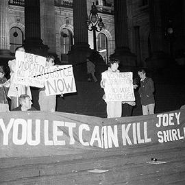Shirley Hamilton (Jacobs) protest outside Parliament House, 1983 - banners.