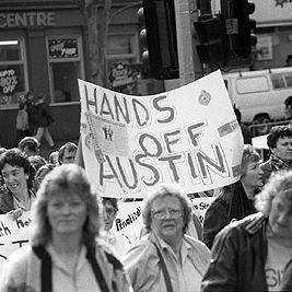 Public Sector Services union protest, 1992 - "Hands Off Austin" banner.