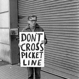 Dick Curlewis, proof reader, on the picket line at the Printing and Kindred Industries Union (PKIU) strike.