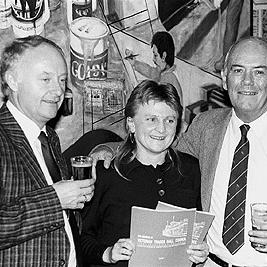 Prof. John Rickard, Mary-Anne McCubbin and Frank Strahan at launch of 'Labor History Archives' book by University of Melbourne Archives at the Trades Hall, 4 May 1990.