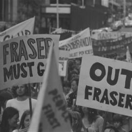Anti-Fraser government demonstration - "Out Fraser" banner.