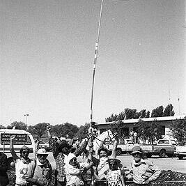 Flag at the Roxby Downs uranium mine protest, August 1983.