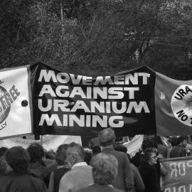 May Day 1982 - Movement Against Uranium Mining banner.