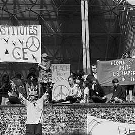 Banners outside U.S. consulate during Persian Gulf war protest, 14 January 1991.