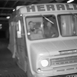 Herald Delivery vans, assisted by police, at the Printing and Kindred Industries Union (PKIU) strike.