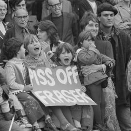 Anti Malcolm Fraser protest - "Piss off Fraser" banner.