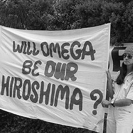Nuclear-Free Pacific demonstration -"Will Omega be our Hiroshima?" banner.