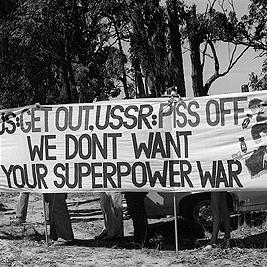 Anti-American banner at the United States Omega base rally.