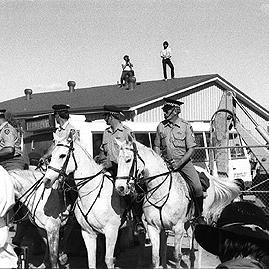 Police break through the blockade at the Roxby Downs uranium mine protest, August 1983.