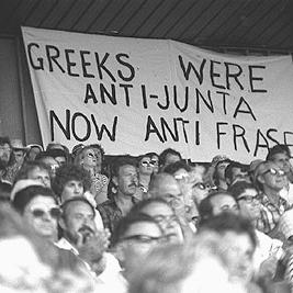 Australian Labor party election rally with Greek banners.