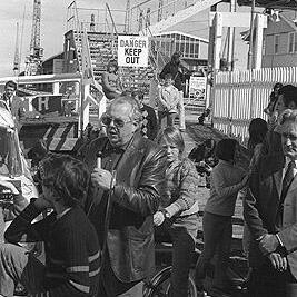 Jim Roulston at U.S.S. Truxtun protest, Station Pier, September 1976