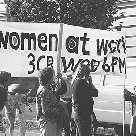 May Day, 1982 - Women at Work (3CR) banner.