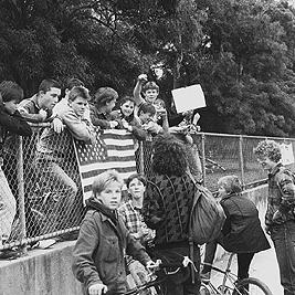 Ciaron O'Reilly at Watsonia Army Barracks demonstration, 18th October 1987