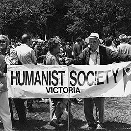 Anti-racism rally and march through Melbourne, 8th December 1996 - 'Humanist Society' banner.