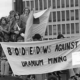 Banners at Movement Against Uranium Mining march, 3rd August 1978