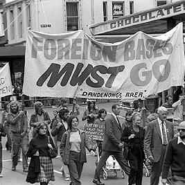 May Day 1974 ; "Foreign bases must go" banner