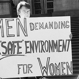 "Men demanding a 'safe' work environment for women" poster at Men Against Sexual Assault rally, 1st September 1990.