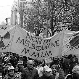 Hiroshima Day rally, 1979 - Uranium banners.