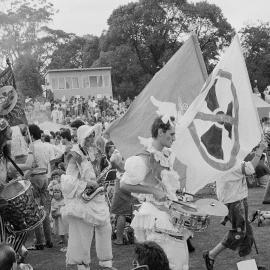Flags at the People for Nuclear Disarmament (PND) Palm Sunday rally, April 1987.