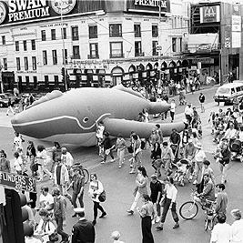 Greenpeace whale float at the People for Nuclear Disarmament Palm Sunday Rally, April 1990.