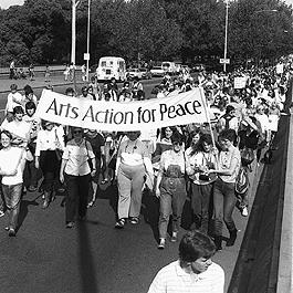 "Arts action for peace" banner at Palm Sunday rally, April 1984.