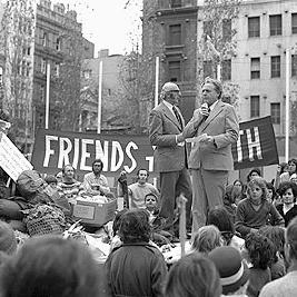 Protesters at the Melbourne City Square being addressed by Jim Cairns at the Hiroshima Day march from Frankston to Melbourne - 1975.
