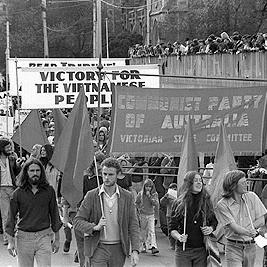 May Day march in Melbourne 1975 with banners.