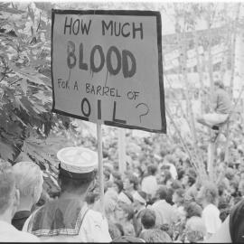 "How much blood for a barrel of oil" poster at second Persian Gulf war protest march, 25 January 1991.