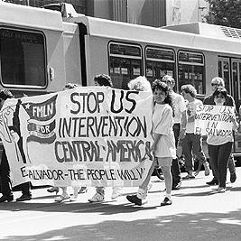 "Stop US intervention in Central America" banner at El Salvador march to U.S. consulate offices, November 1990.