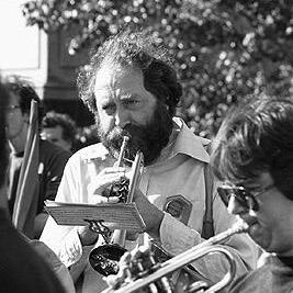 Barry McKimm (trumpet with the Melbourne Symphony Orchestra) at the May Day rally, 1982.