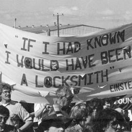 "If I had known I would have been a locksmith - Einstein" banner at U.S. warship protest, Station Pier, October 1986